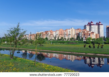 Belarus Minsk Nice view of a new  Uruchie micro-district architectural complex and recreation zone