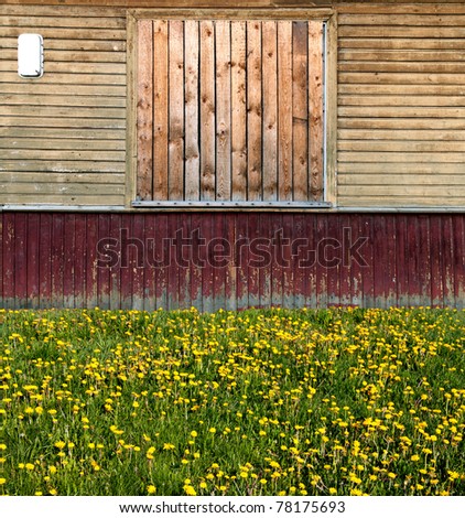 old russian style exterior with old painted wooden planks building number boarded up window grass and dandelions