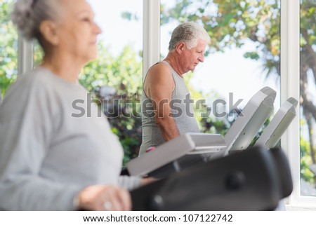 People and sports, elderly couple working out on treadmill in fitness gym