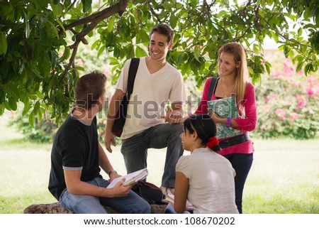 People and education, college students meeting and doing homework together in park