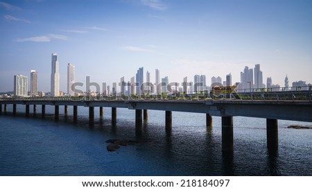 Tourist attractions and destination scenics. Panoramic view of Panama City skyline and highway