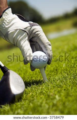 Golf club: golfer arranging the ball on the tee