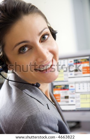 Office life: young switchboard operator representative smiling