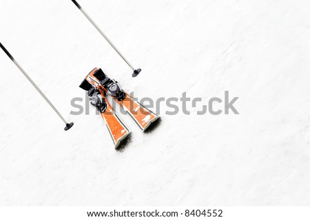 winter scene: a pair of skis left on the snow. Copy space