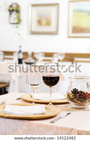 Red wine glasses on table in restaurant