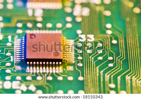 Close-up of computer chip and motherboard of PC computer