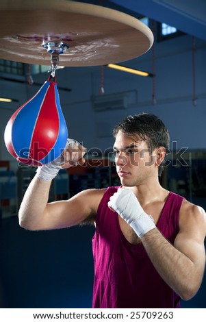 young adult man hitting speed bag in gym. Copy space