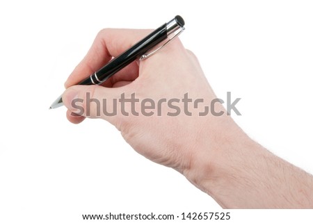 Hand holding a pen isolated on white background
