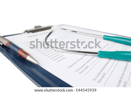 Stethoscope on medical document (medical questionnaire)