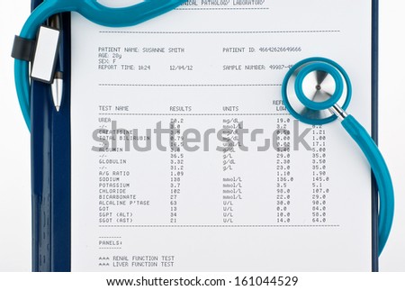 Blood test results with a clipboard with stethoscope isolated on white