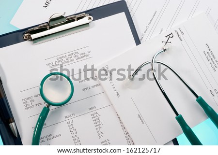 Medical documents (medical questionnaire, prescription and blood test) with a stethoscope on blue background