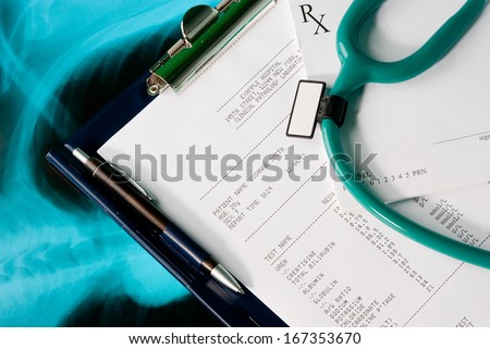Medical documents (blood test and prescription) with a stethoscope on Xray photo of lungs