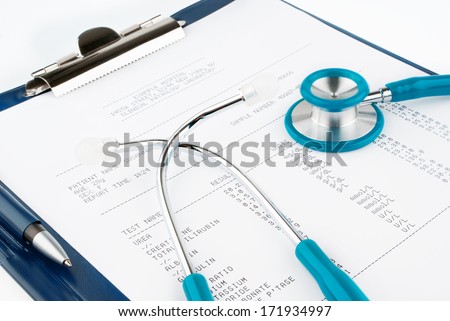 Blood test results with a clipboard with stethoscope isolated on white