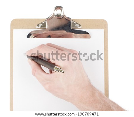 Hand drawing on an empty paper in sketch pad (clipboard) isolated on white