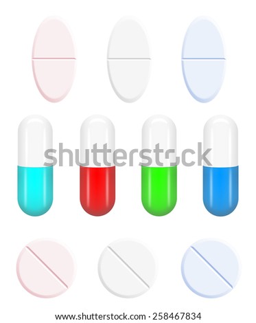 Illustration of Color pills and capsules isolated on white background