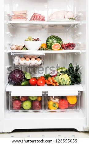 Refrigerator Full of Fresh Fruits, Vegetables, and Organic Meats