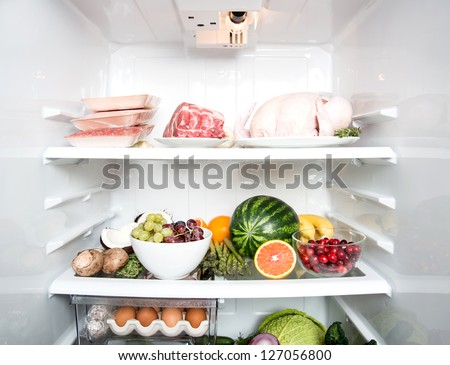 Refrigerator Full of Fresh Fruits, Vegetables, and Healthy Meat Options