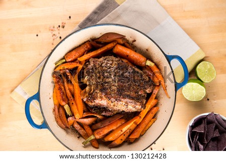Oven Roasted Pork Shoulder in Enameled Pan with Carrots and Sweet Potatoes