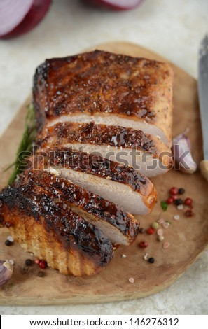 Cooked Pork Loin Roast with Vegetables and Spices