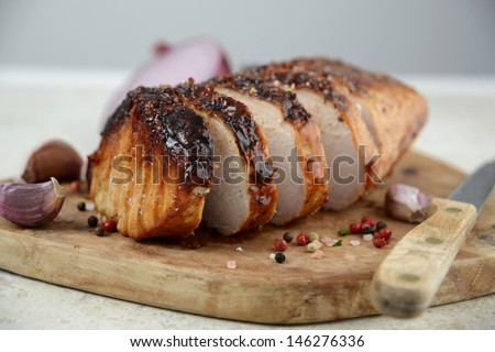 Cooked Pork Loin Roast with Vegetables and Spices