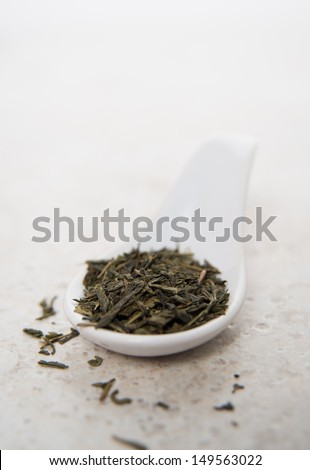 Bamboo Spoon Filled with Serving Size Green Tea Leaves