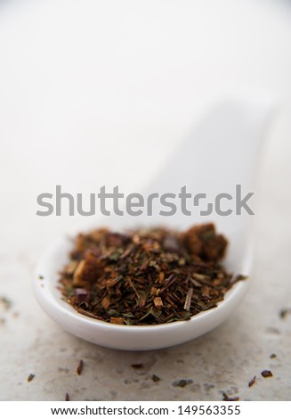 Organic Chocolate Rooibos Mint Loose Leaf Tea in Small Ceramic Spoon