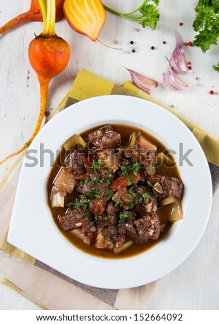 Beef and Golden Beets Stew Garnished with Parsley