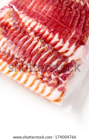 Pack of Bacon Sealed in Clear Plastic on White Table