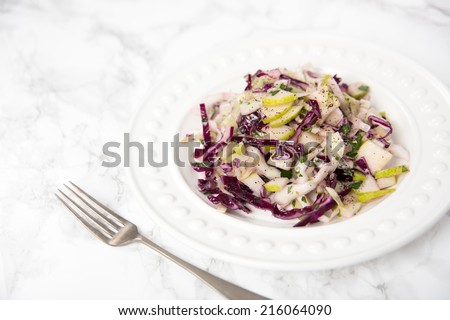 Red and Green Cabbage Cole Slaw with Fresh Herbs and Pears