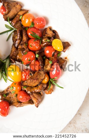 Yellow Chanterelle Mushrooms Cooked in Butter and Wine with Cherry Tomatoes