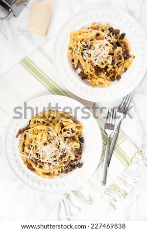 Freshly Cooked Homemade Fettuccine Pasta Served with Ground Beef and Parmesan