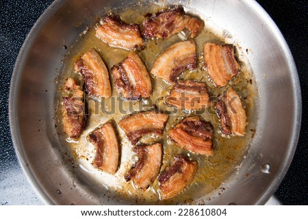 Rendering Fat out of Pieces of Pork Belly in Stainless Steel Skillet