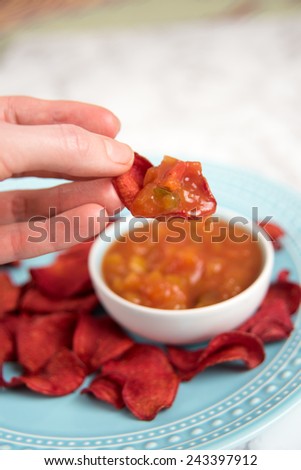 Red Beet Chips with Peach Salsa
