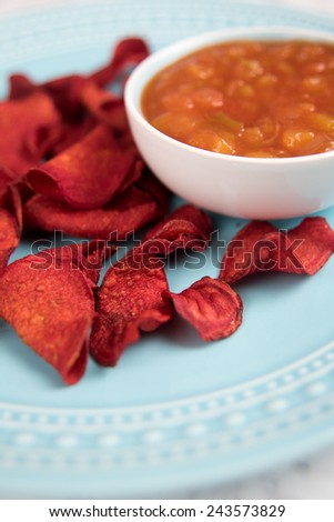 Red Beet Chips with Peach Salsa