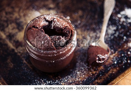 Single Serving of Molten Chocolate Cake Baked in Glass Jar