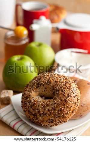 Bagel,Apples,Honey and Coffee Breakfast