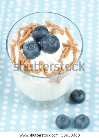 Glass of Plain Greek Yogurt Topped with Granola and Fresh Blueberries
