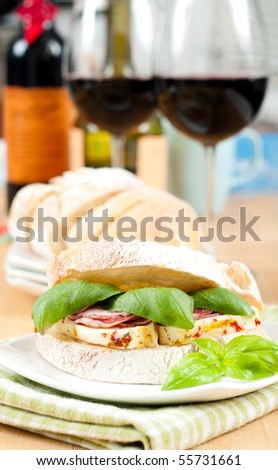 Delicious Gourmet Sandwich and Red Wine