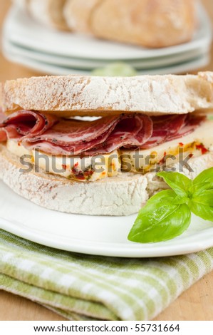 Close Up of MArinated Mozzarella and Prosciutto Sandwich
