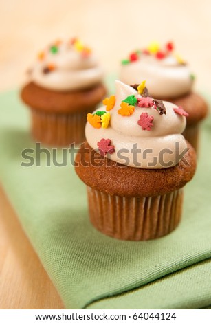 stock photo Cute Cupcakes with Fall Themed Sprinkles and Vanilla Frosting