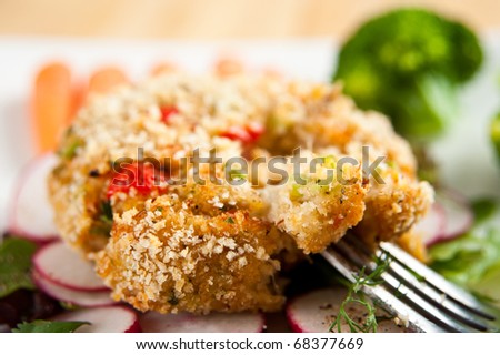 Fresh Delicious Crabcake Served with Vegetables and Spices