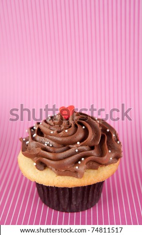 Cute Vanilla Cupcake with Chocolate Icing and Heart Candy on Top