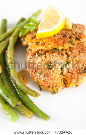 Salmon and Sweet Potato Cakes with Green Beans