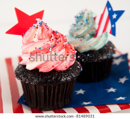 Two Chocolate Cupcakes with Red and Blue Frosting for Independence Day