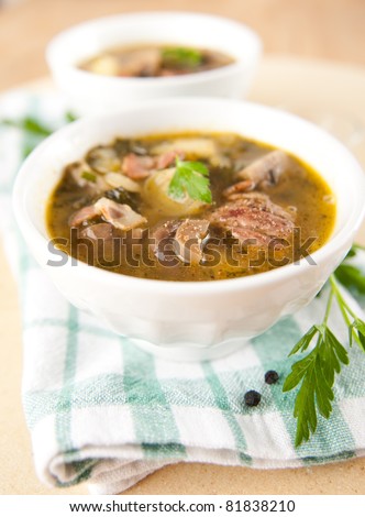 Beef, Bacon, Parsnips and Leek Soup with Herbs and Spices