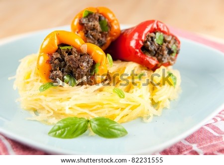 Healthy Lunch of Stuffed Bell Peppers Served with Gluten-Free Pasta Option, Spaghetti Squash