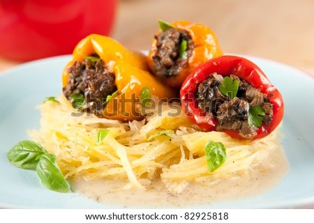 Beef and Vegetables Stuffed Bell Peppers Served with Gluten-Free Pasta Option, Spaghetti Squash