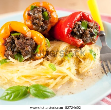 Healthy Lunch of Stuffed Bell Peppers Served with Gluten-Free Pasta Option, Spaghetti Squash