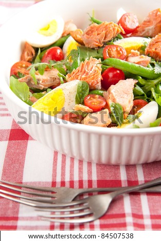Paleo Diet Style Green Bean Salad with Boiled Eggs, Salmon, Tomatoes and Arugula