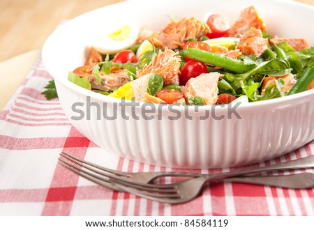 Paleo Diet Style Green Bean Salad with Boiled Eggs, Salmon, Tomatoes and Arugula